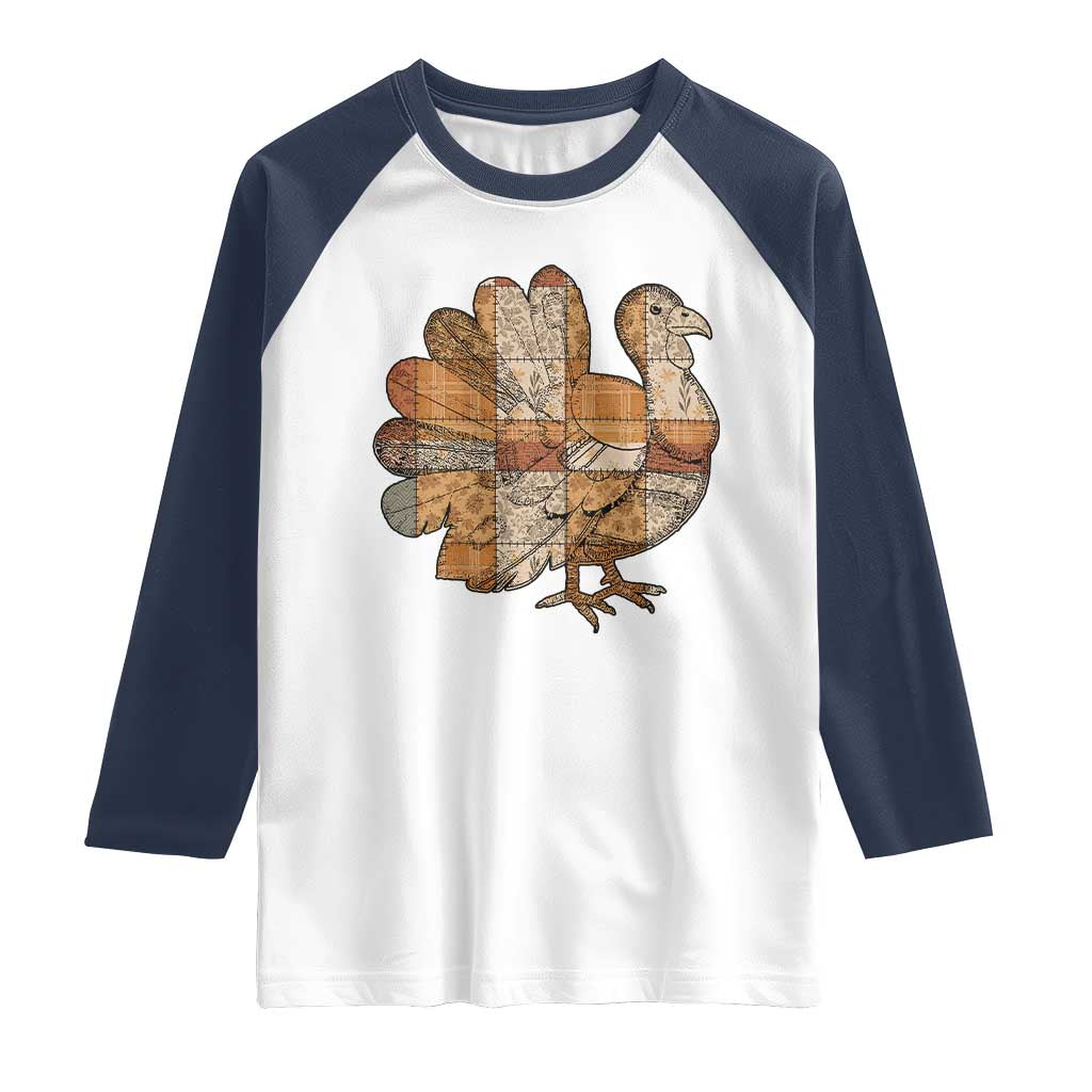 Thanksgiving Vintage Patchwork Gobble Turkey Raglan Shirt TS11 White Navy Print Your Wear