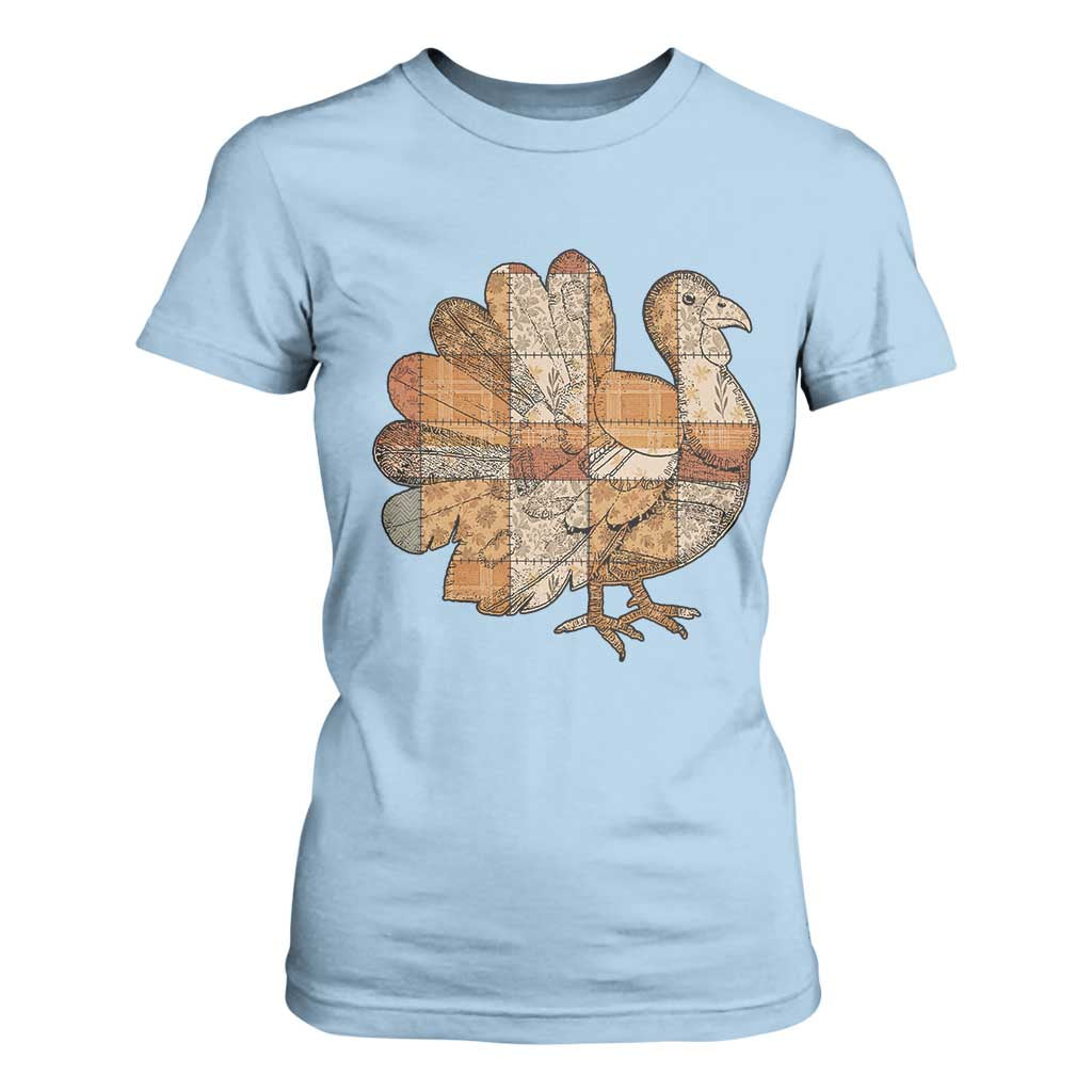 Thanksgiving Vintage Patchwork Gobble Turkey T Shirt For Women TS11 Light Blue Print Your Wear