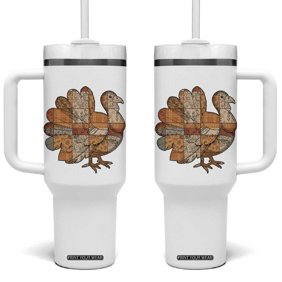 Thanksgiving Vintage Patchwork Gobble Turkey Tumbler With Handle TS11 One Size: 40 oz White Print Your Wear