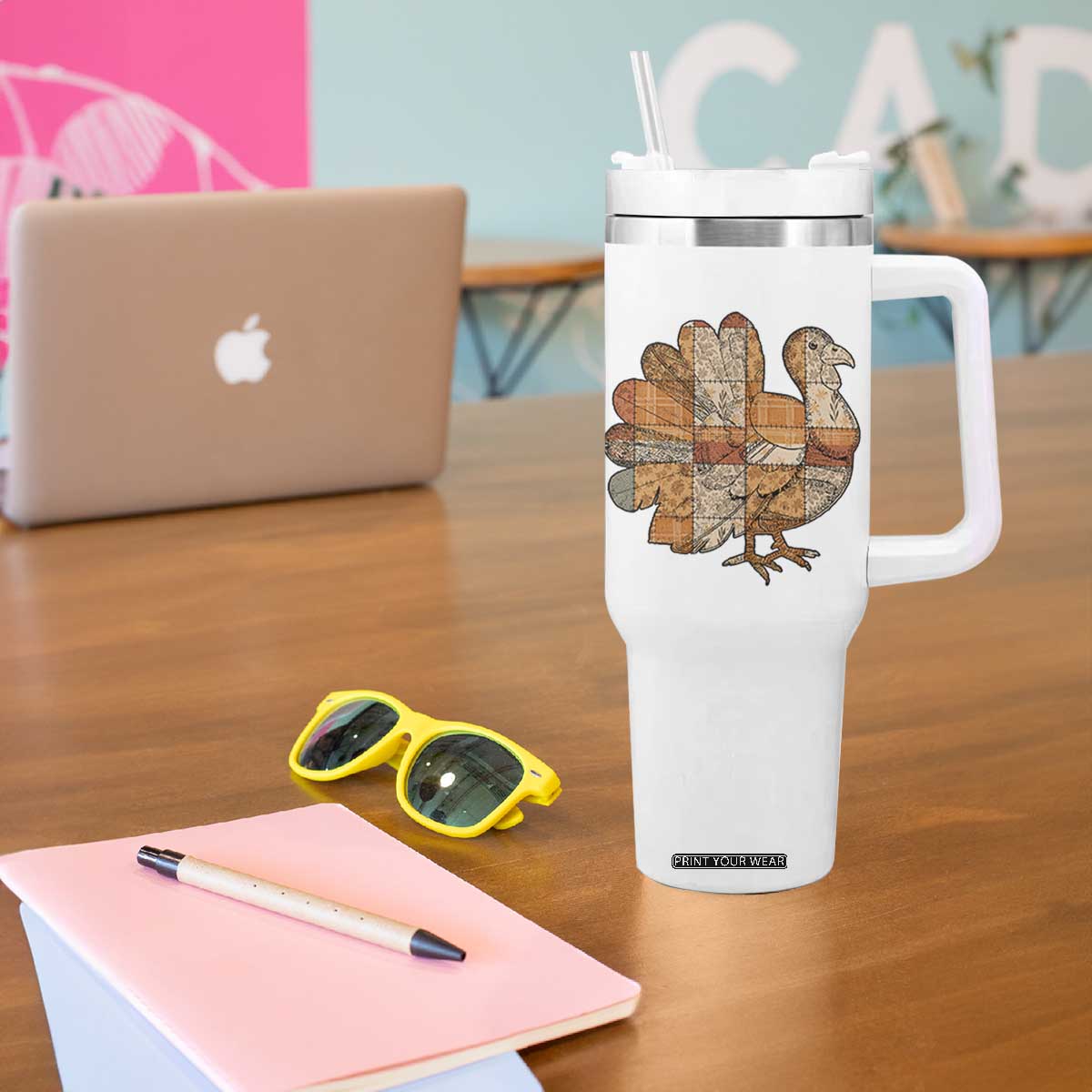 Thanksgiving Vintage Patchwork Gobble Turkey Tumbler With Handle TS11 Print Your Wear