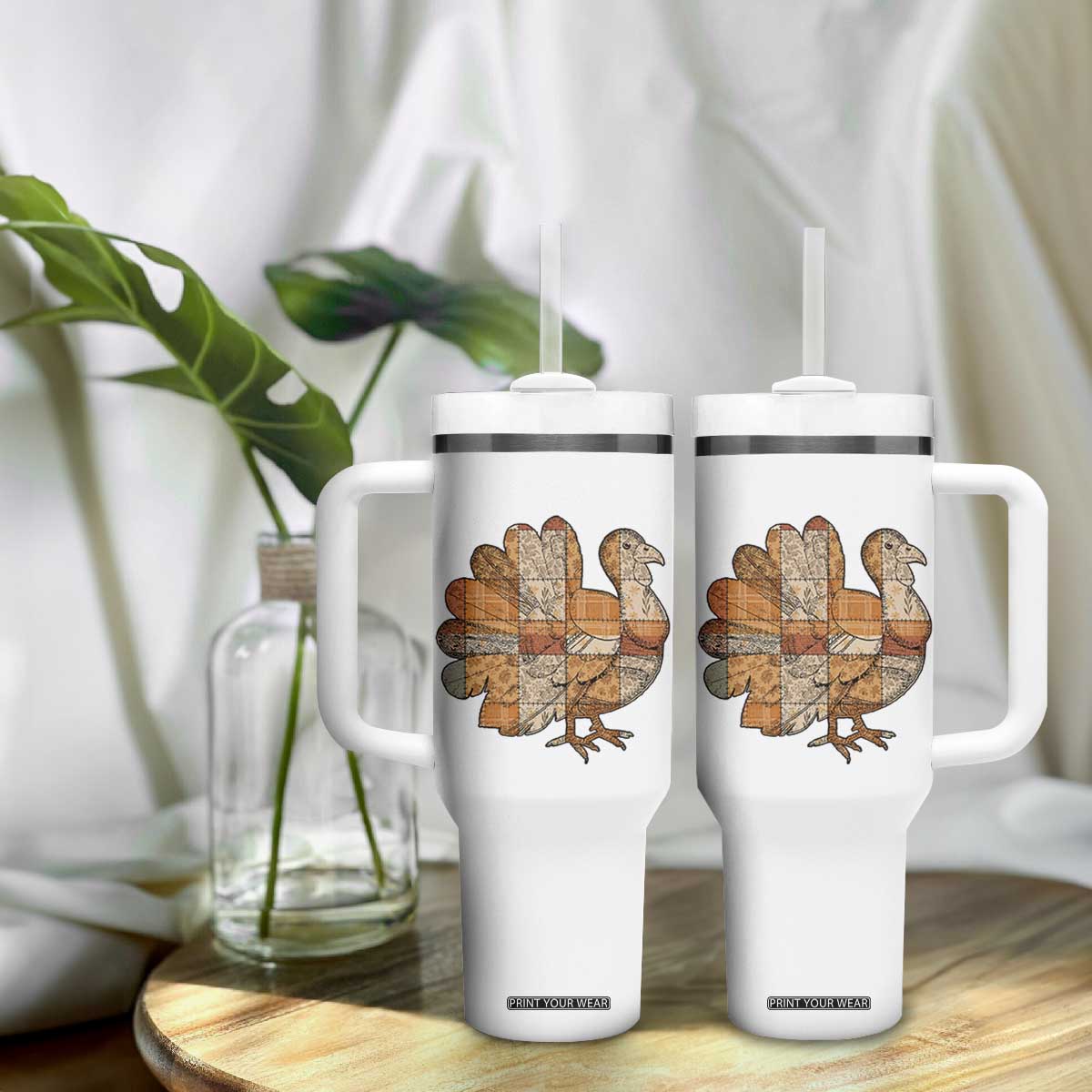 Thanksgiving Vintage Patchwork Gobble Turkey Tumbler With Handle TS11 Print Your Wear