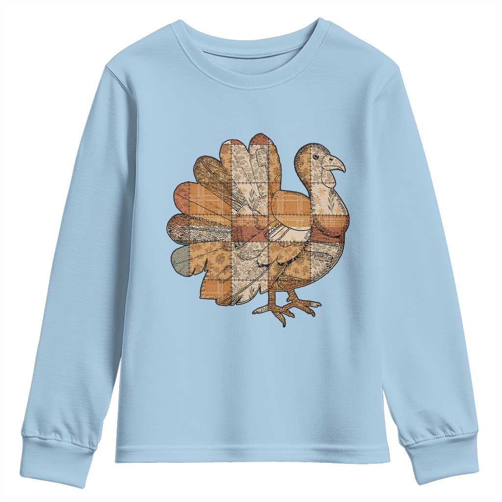 Thanksgiving Vintage Patchwork Gobble Turkey Youth Sweatshirt TS11 Light Blue Print Your Wear