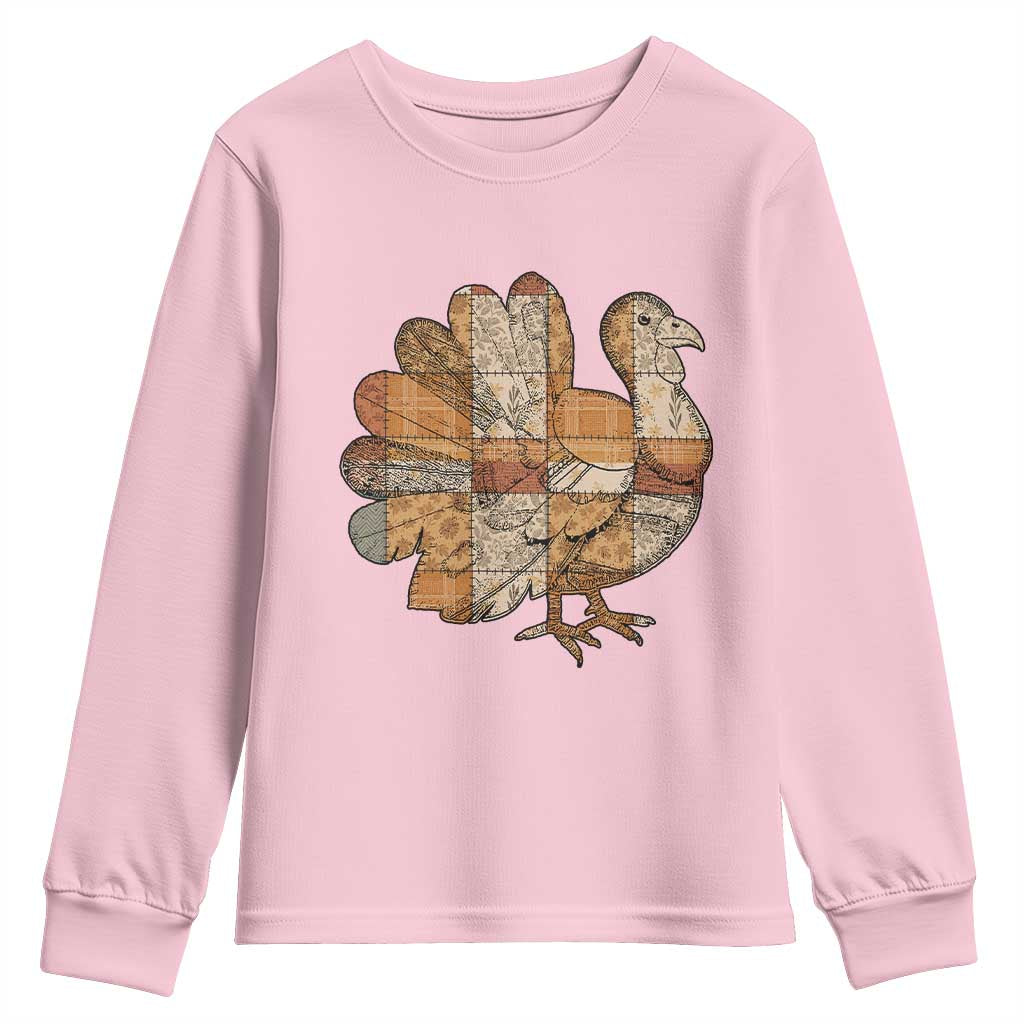 Thanksgiving Vintage Patchwork Gobble Turkey Youth Sweatshirt TS11 Light Pink Print Your Wear
