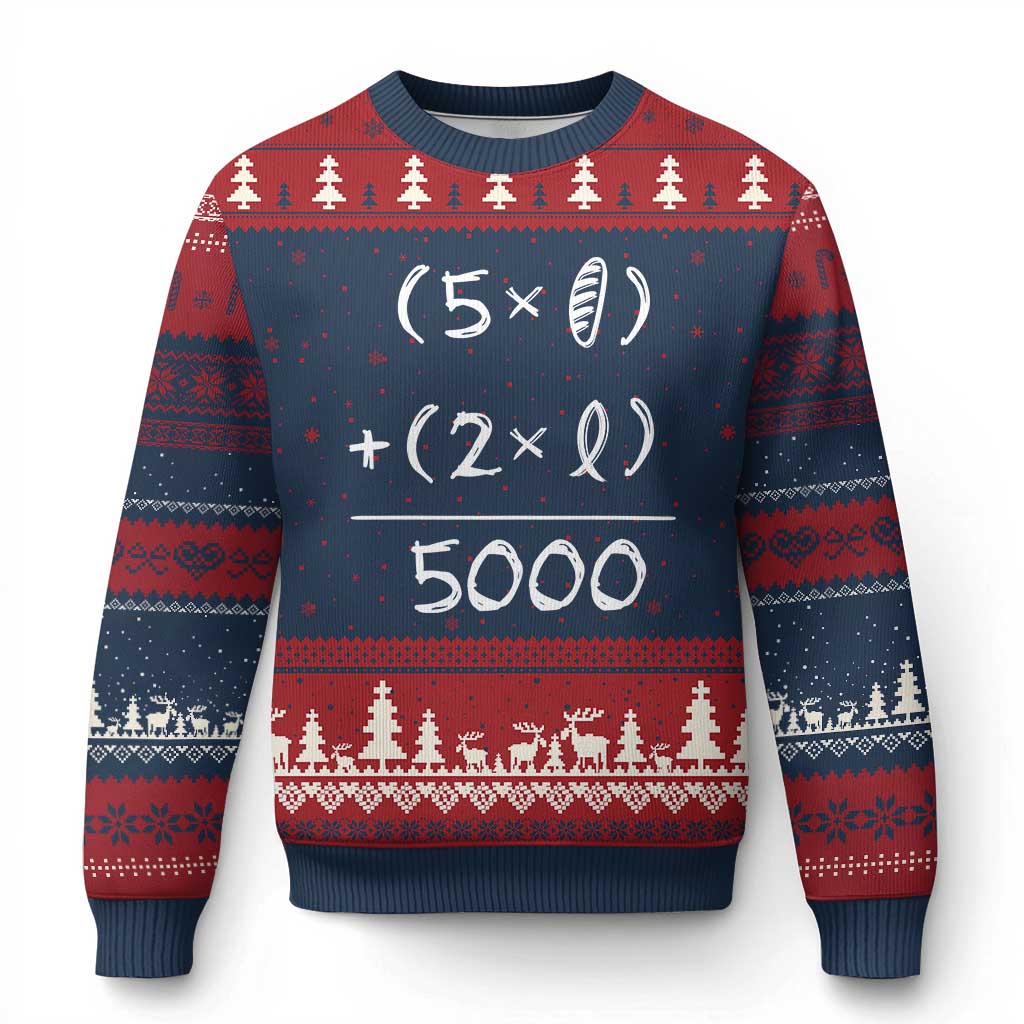 2 Fishes 5 Loaves Jesus Feeds The 5000 Christian Bible Verses Ugly Christmas Sweater TS11 Navy Red Print Your Wear