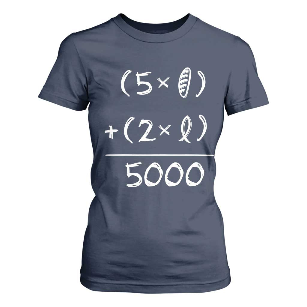 2 Fishes 5 Loaves Jesus Feeds The 5000 Christian Bible Verses T Shirt For Women TS11 Navy Print Your Wear