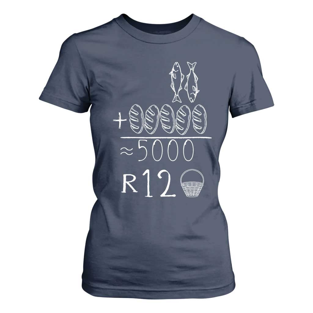 2 Fishes 5 Breads Jesus Feeds The 5000 Christian Bible Verses T Shirt For Women TS11 Navy Print Your Wear