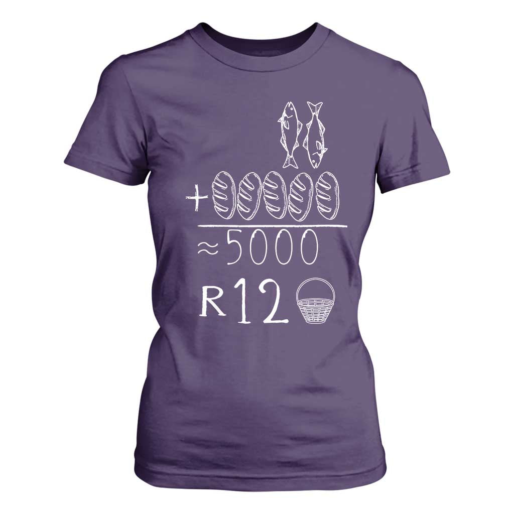 2 Fishes 5 Breads Jesus Feeds The 5000 Christian Bible Verses T Shirt For Women TS11 Purple Print Your Wear