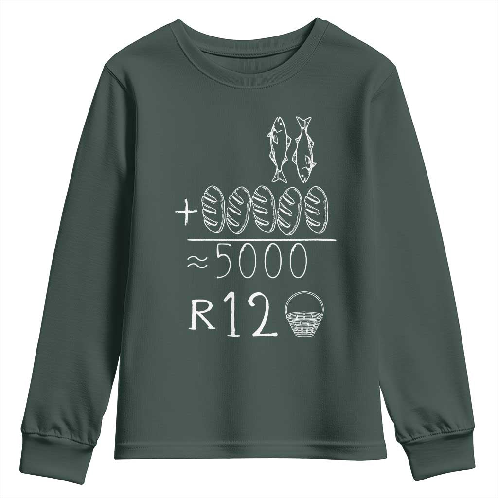 2 Fishes 5 Breads Jesus Feeds The 5000 Christian Bible Verses Youth Sweatshirt TS11 Dark Forest Green Print Your Wear