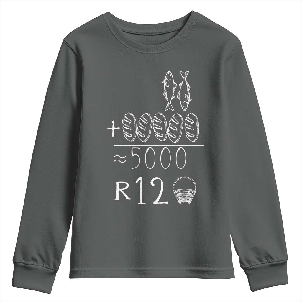 2 Fishes 5 Breads Jesus Feeds The 5000 Christian Bible Verses Youth Sweatshirt TS11 Dark Heather Print Your Wear