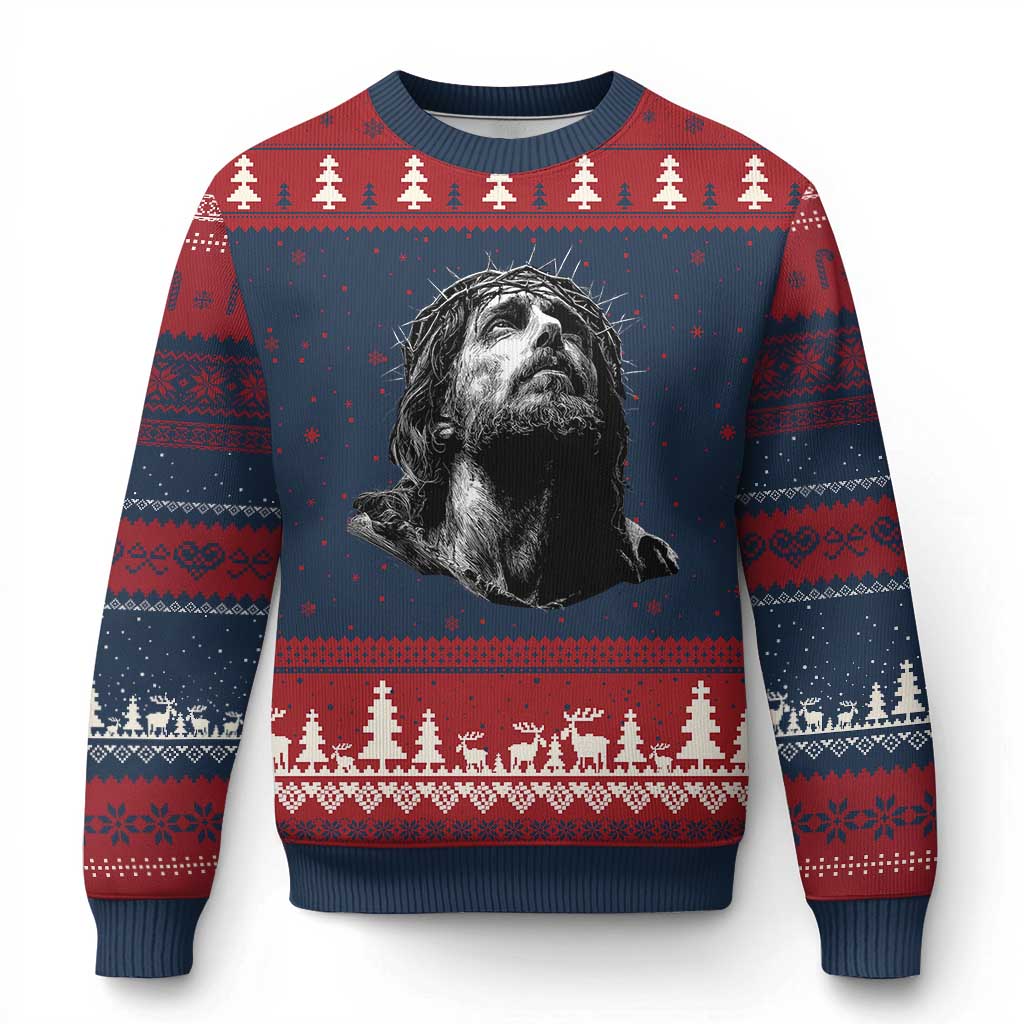 Jesus Christ Religious Christian Faith Crown Of Thorns Ugly Christmas Sweater TS11 Navy Red Print Your Wear