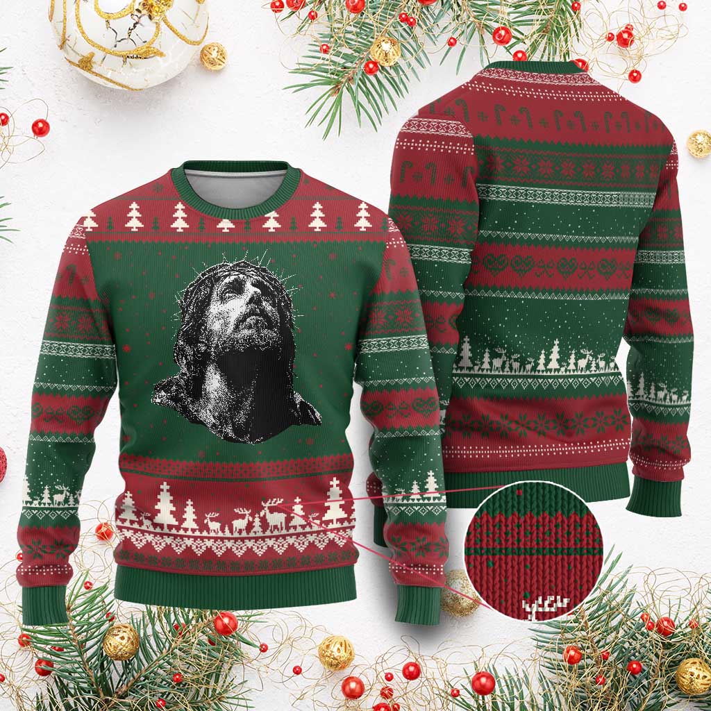 Jesus Christ Religious Christian Faith Crown Of Thorns Ugly Christmas Sweater TS11 Red Green Print Your Wear
