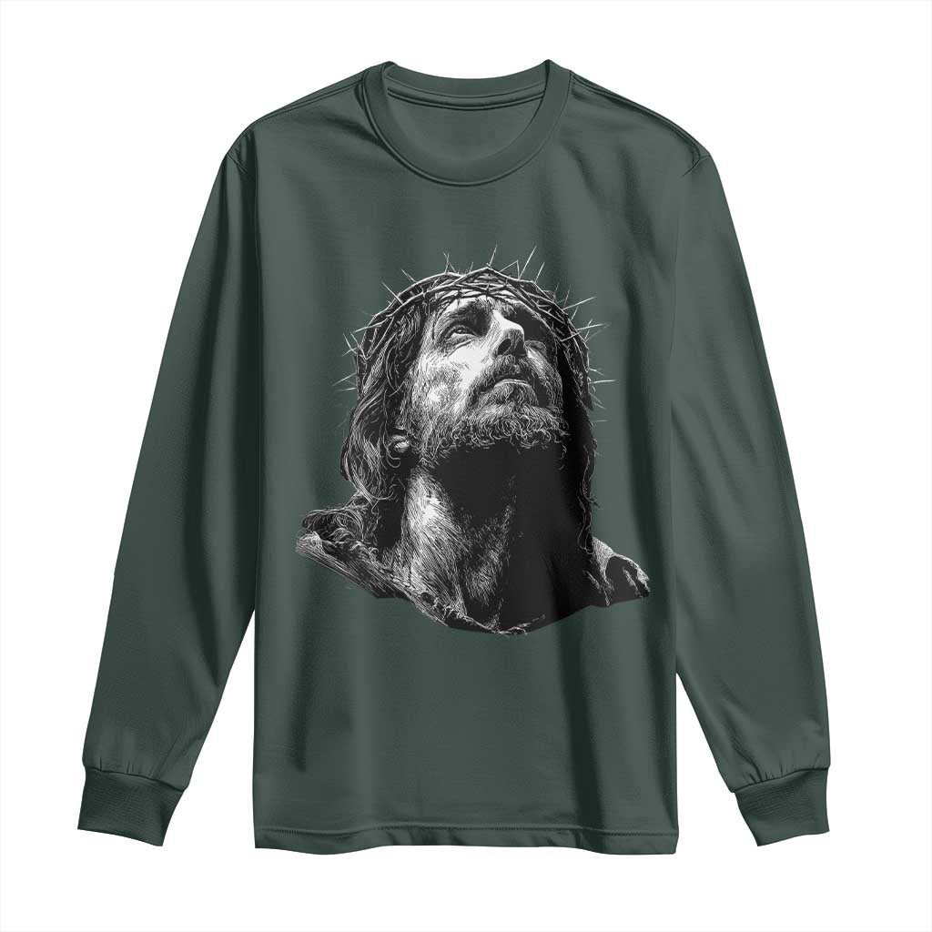Jesus Christ Religious Christian Faith Crown Of Thorns Long Sleeve Shirt TS11 Dark Forest Green Print Your Wear