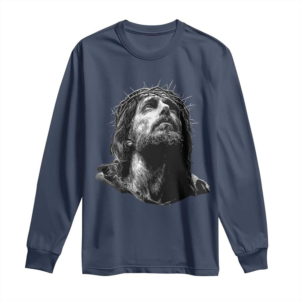 Jesus Christ Religious Christian Faith Crown Of Thorns Long Sleeve Shirt TS11 Navy Print Your Wear