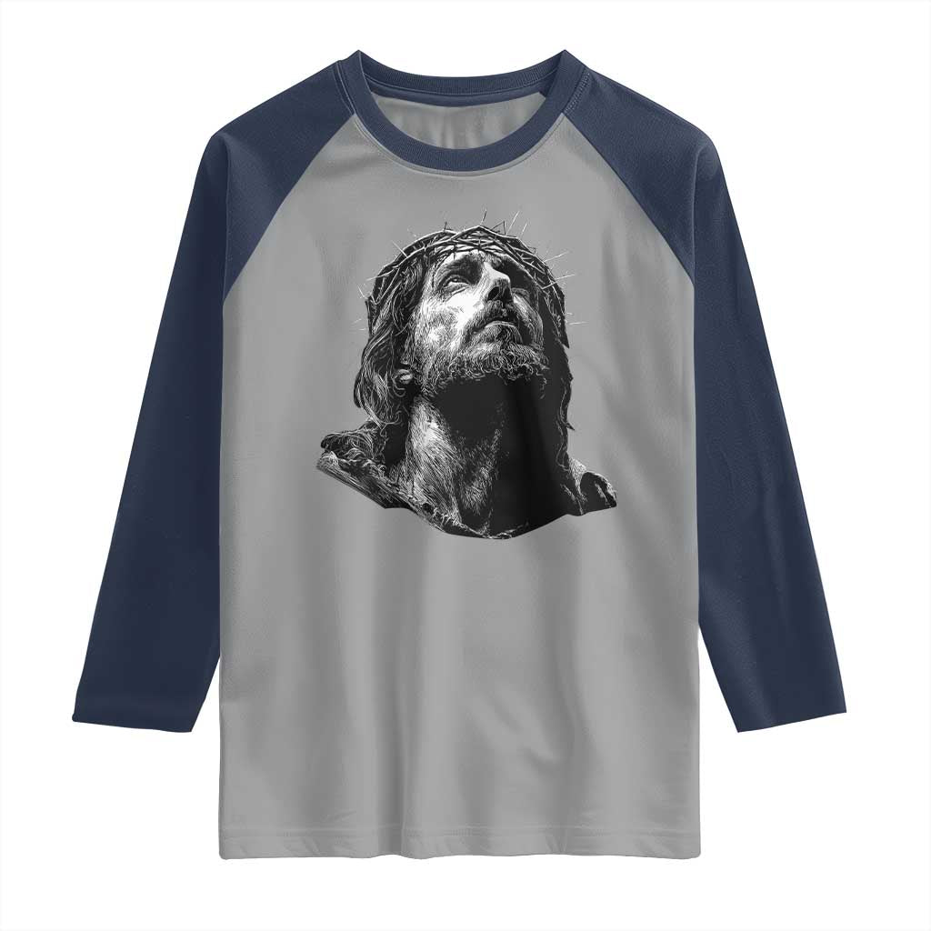 Jesus Christ Religious Christian Faith Crown Of Thorns Raglan Shirt TS11 Sport Gray Navy Print Your Wear