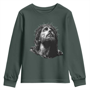 Jesus Christ Religious Christian Faith Crown Of Thorns Youth Sweatshirt TS11 Dark Forest Green Print Your Wear
