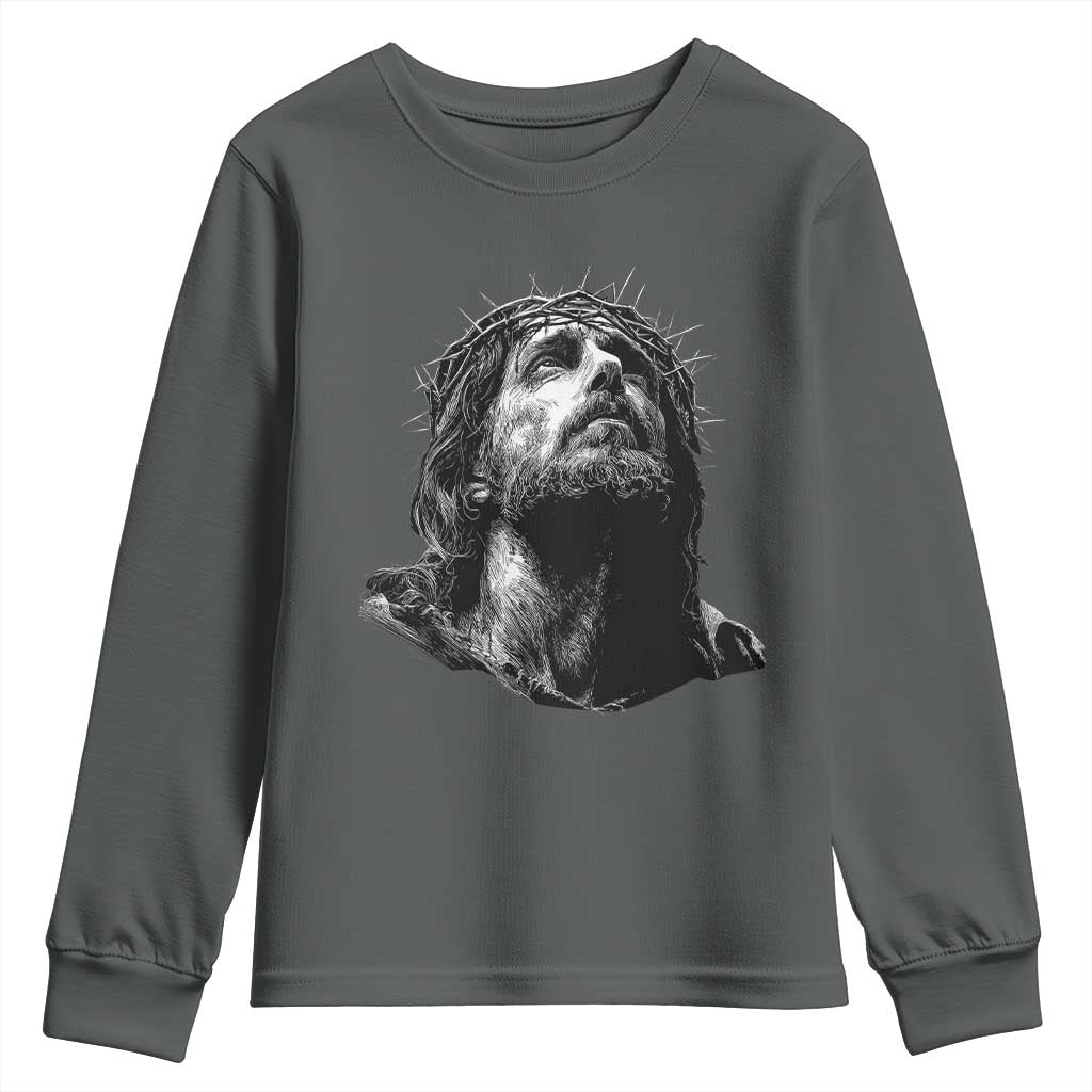 Jesus Christ Religious Christian Faith Crown Of Thorns Youth Sweatshirt TS11 Dark Heather Print Your Wear