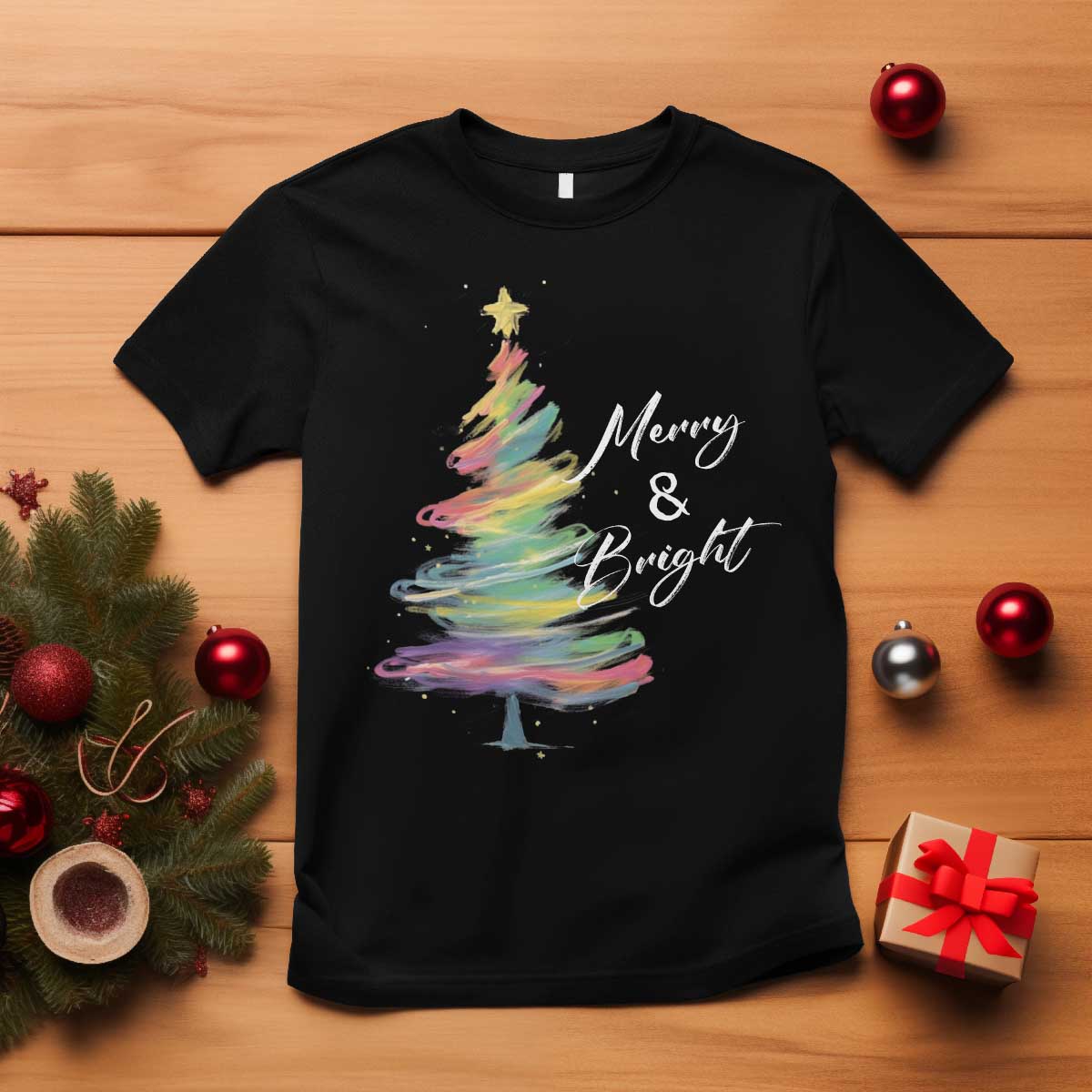 Christmas T Shirt Merry And Bright Colorful Xmas Tree TS11 Black Print Your Wear