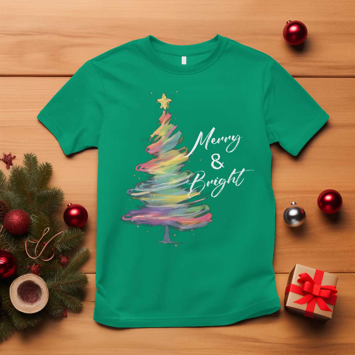 Christmas T Shirt Merry And Bright Colorful Xmas Tree TS11 Irish Green Print Your Wear