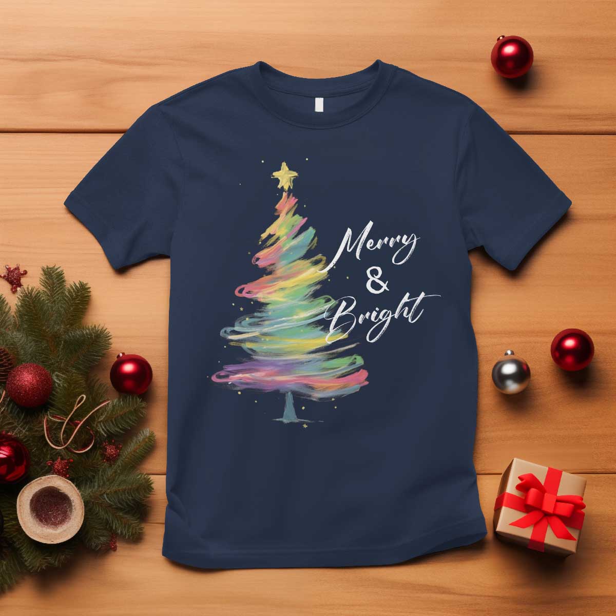 Christmas T Shirt Merry And Bright Colorful Xmas Tree TS11 Navy Print Your Wear