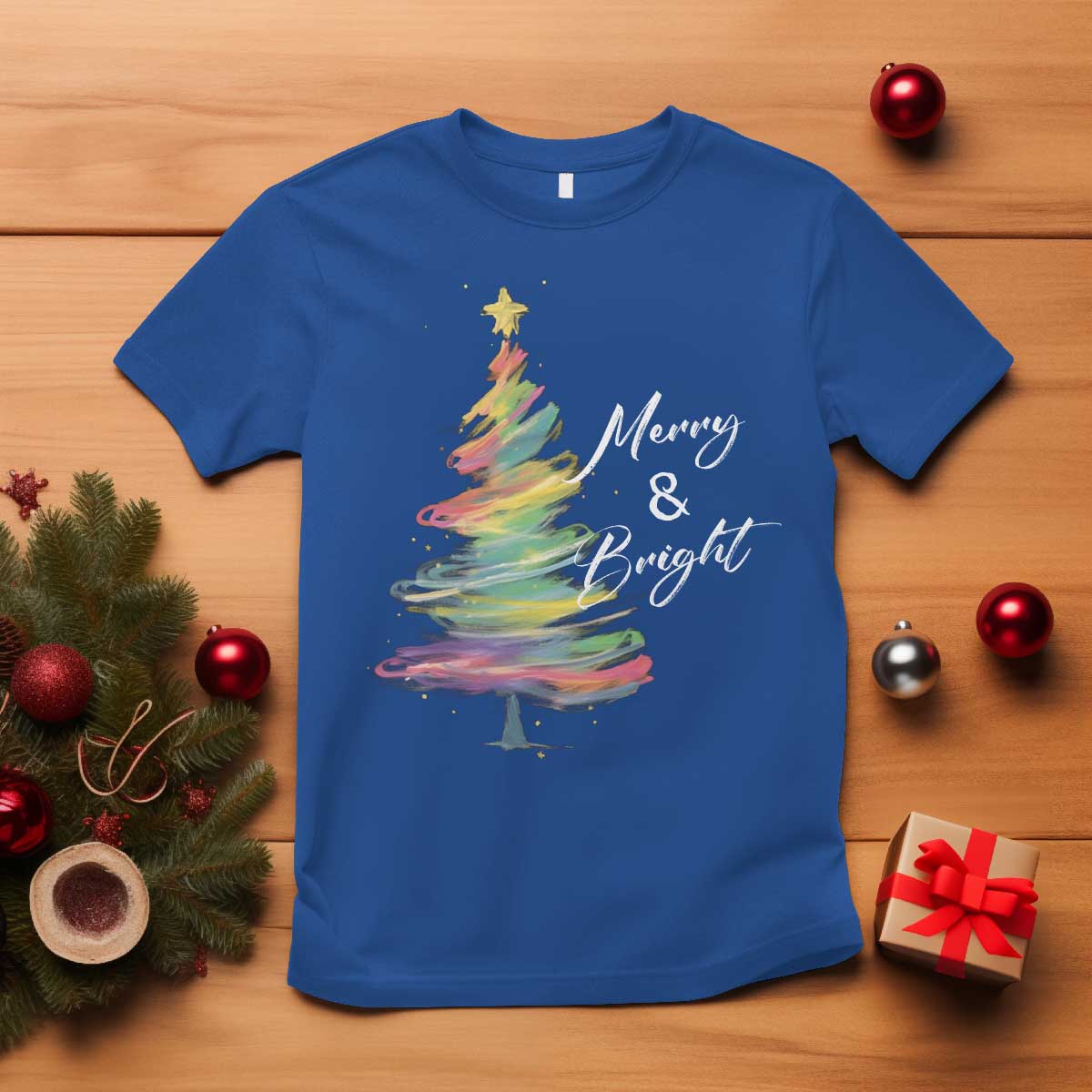 Christmas T Shirt Merry And Bright Colorful Xmas Tree TS11 Royal Blue Print Your Wear