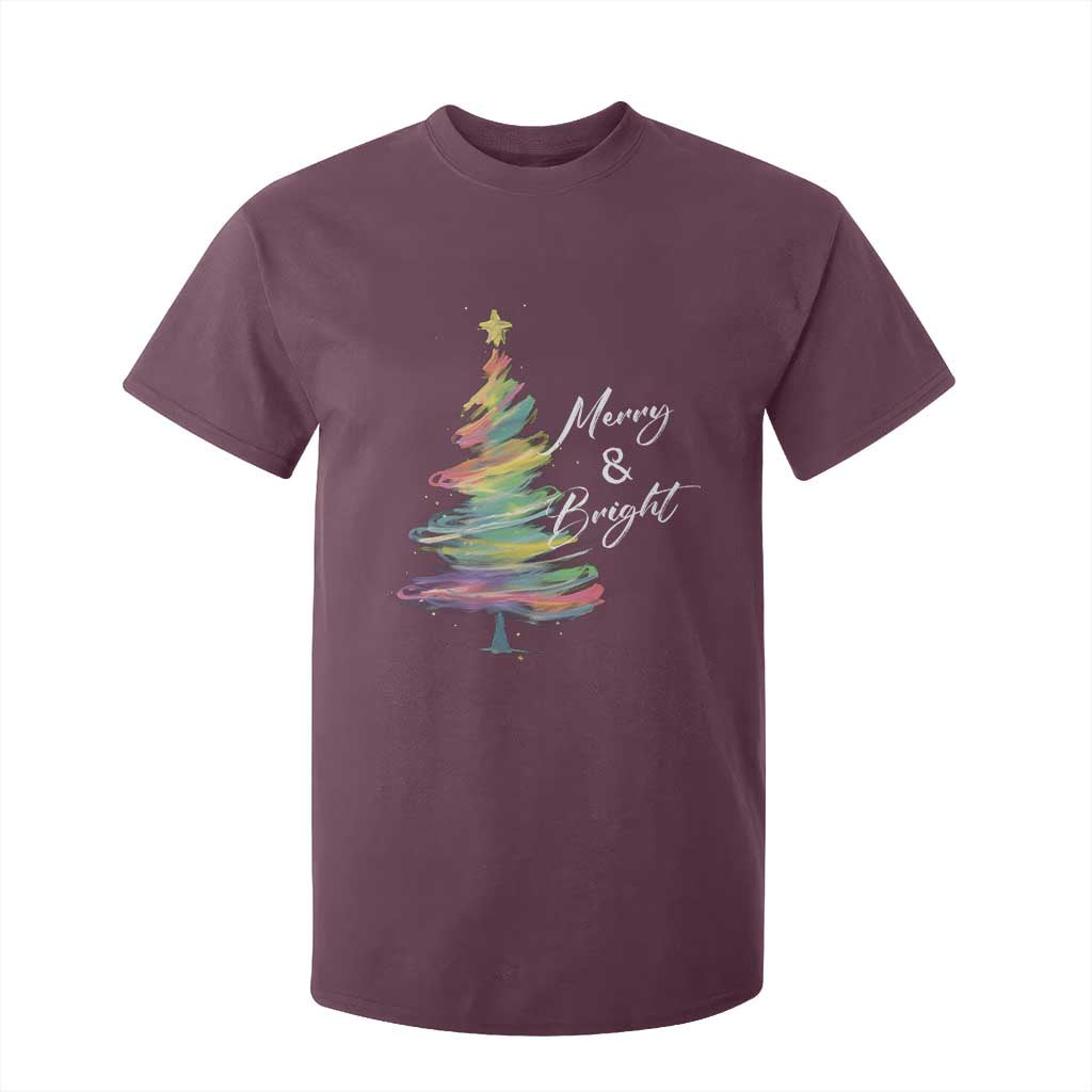 Christmas T Shirt For Kid Merry And Bright Colorful Xmas Tree TS11 Maroon Print Your Wear