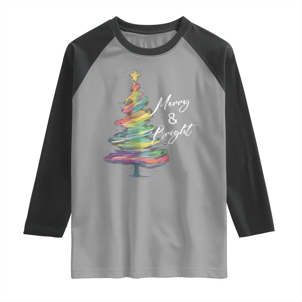 Christmas Raglan Shirt Merry And Bright Colorful Xmas Tree TS11 Sport Gray Black Print Your Wear