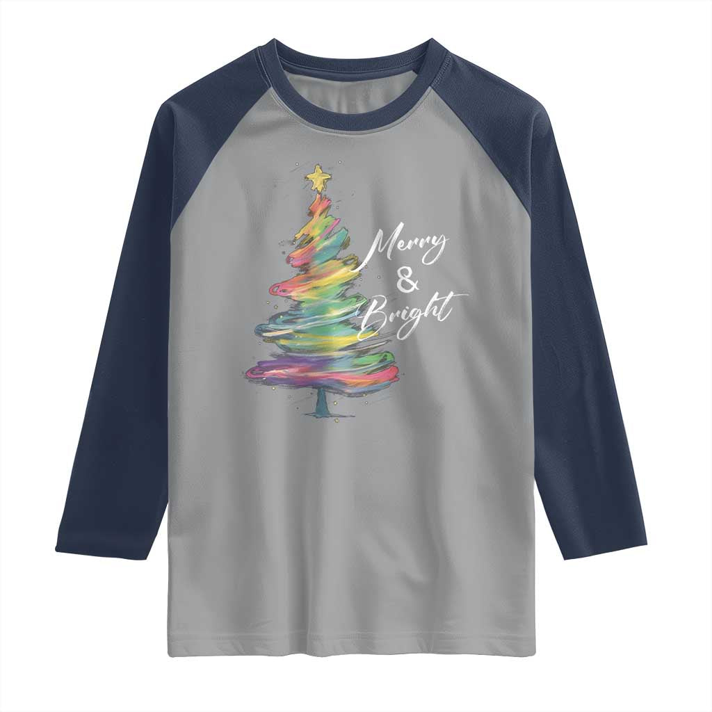 Christmas Raglan Shirt Merry And Bright Colorful Xmas Tree TS11 Sport Gray Navy Print Your Wear