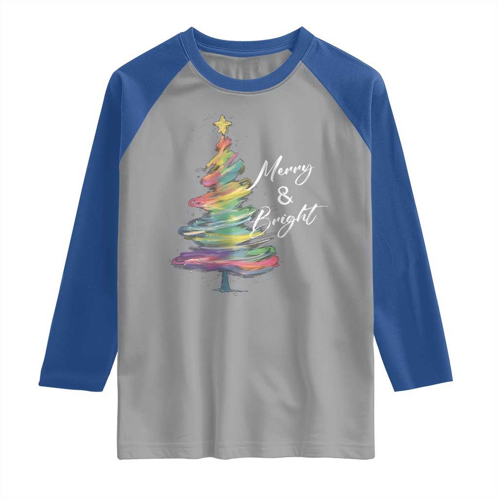 Christmas Raglan Shirt Merry And Bright Colorful Xmas Tree TS11 Sport Gray Royal Print Your Wear