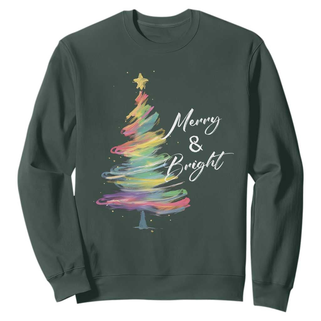 Christmas Sweatshirt Merry And Bright Colorful Xmas Tree TS11 Dark Forest Green Print Your Wear