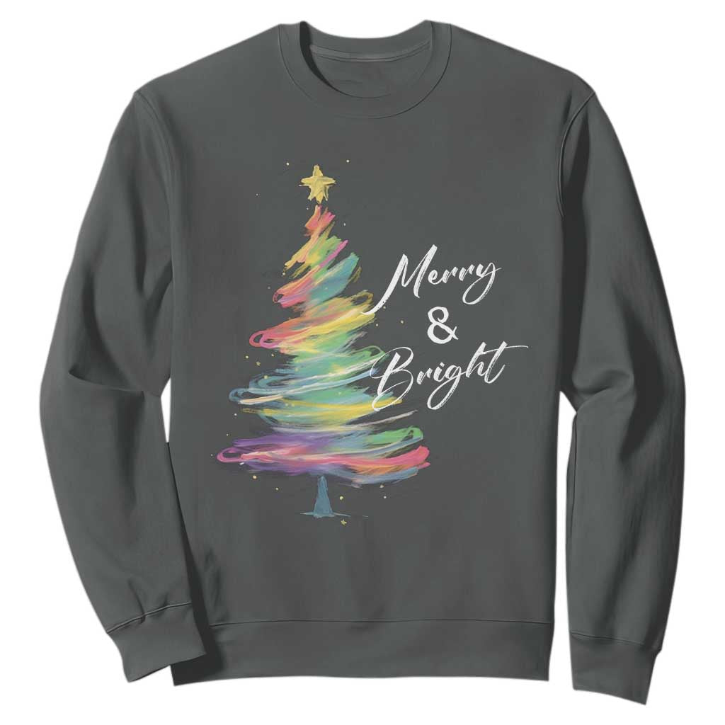 Christmas Sweatshirt Merry And Bright Colorful Xmas Tree TS11 Dark Heather Print Your Wear