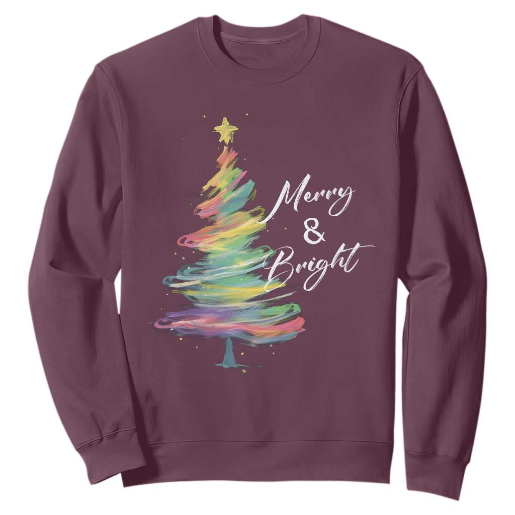 Christmas Sweatshirt Merry And Bright Colorful Xmas Tree TS11 Maroon Print Your Wear