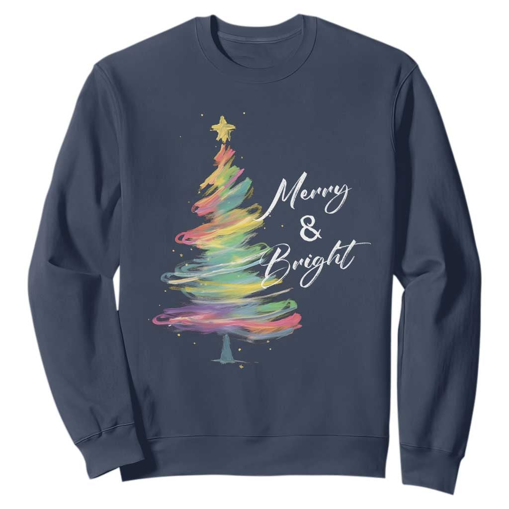 Christmas Sweatshirt Merry And Bright Colorful Xmas Tree TS11 Navy Print Your Wear