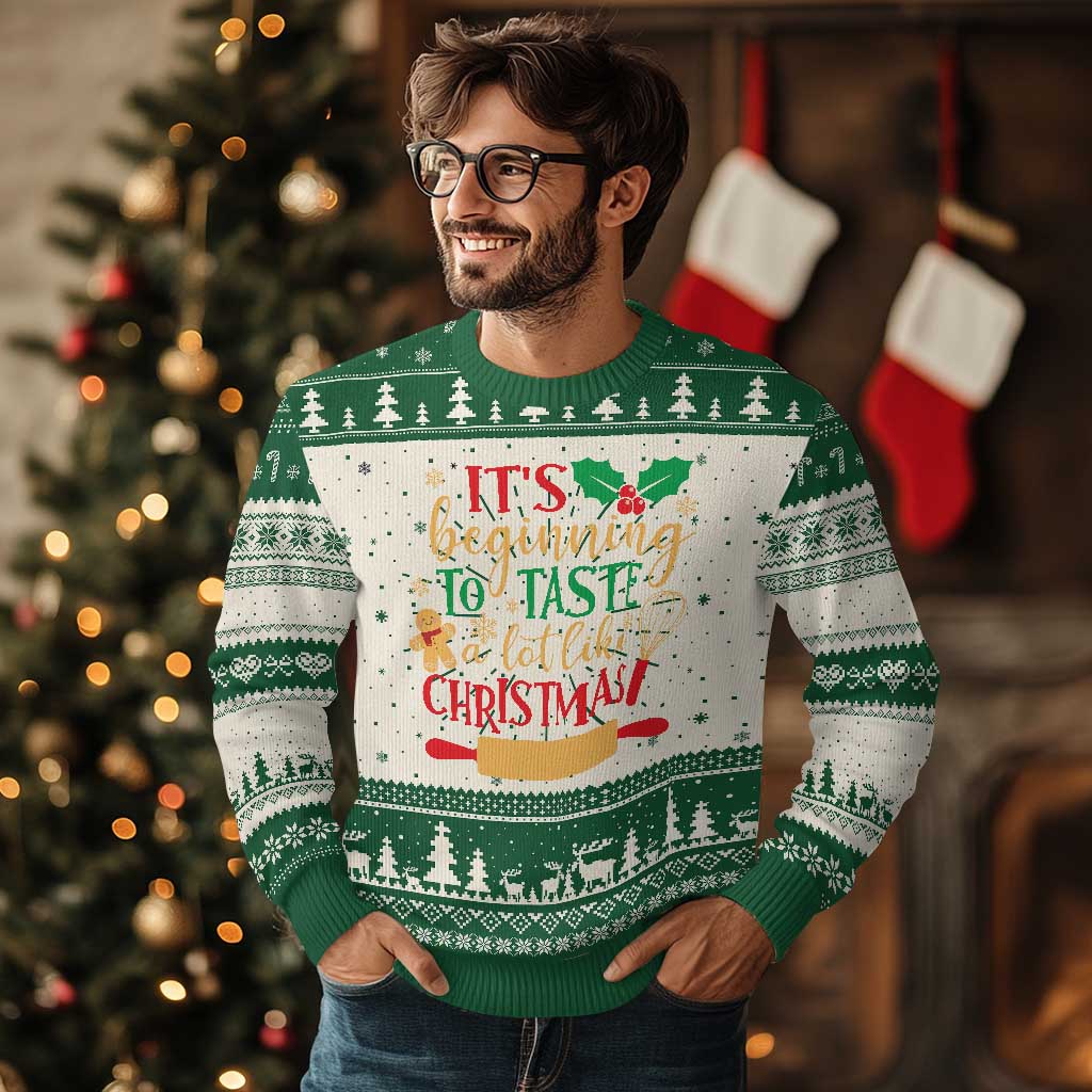 Funny Christmas Baker Ugly Christmas Sweater It's Beginning To Taste A Lot Like Christmas Gingerbread TS11 Green Print Your Wear