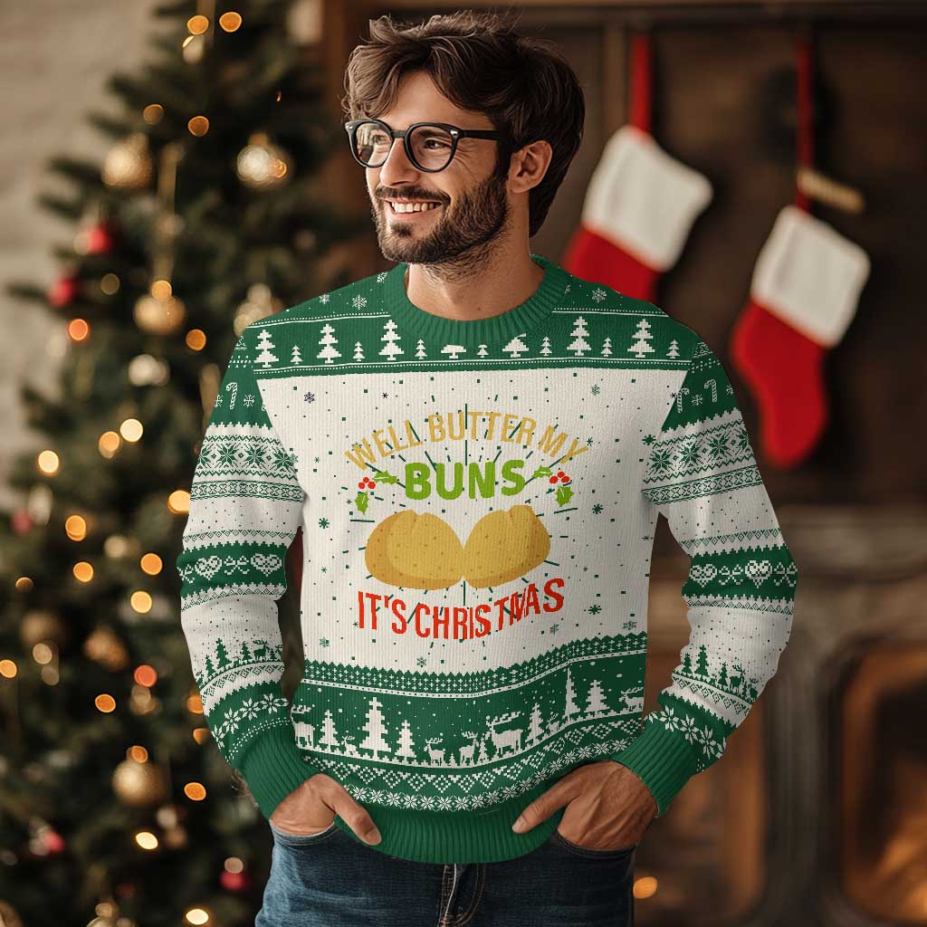Funny Xmas Bun Bread Ugly Christmas Sweater Well Butter My Buns It's Xmas TS11 Green Print Your Wear
