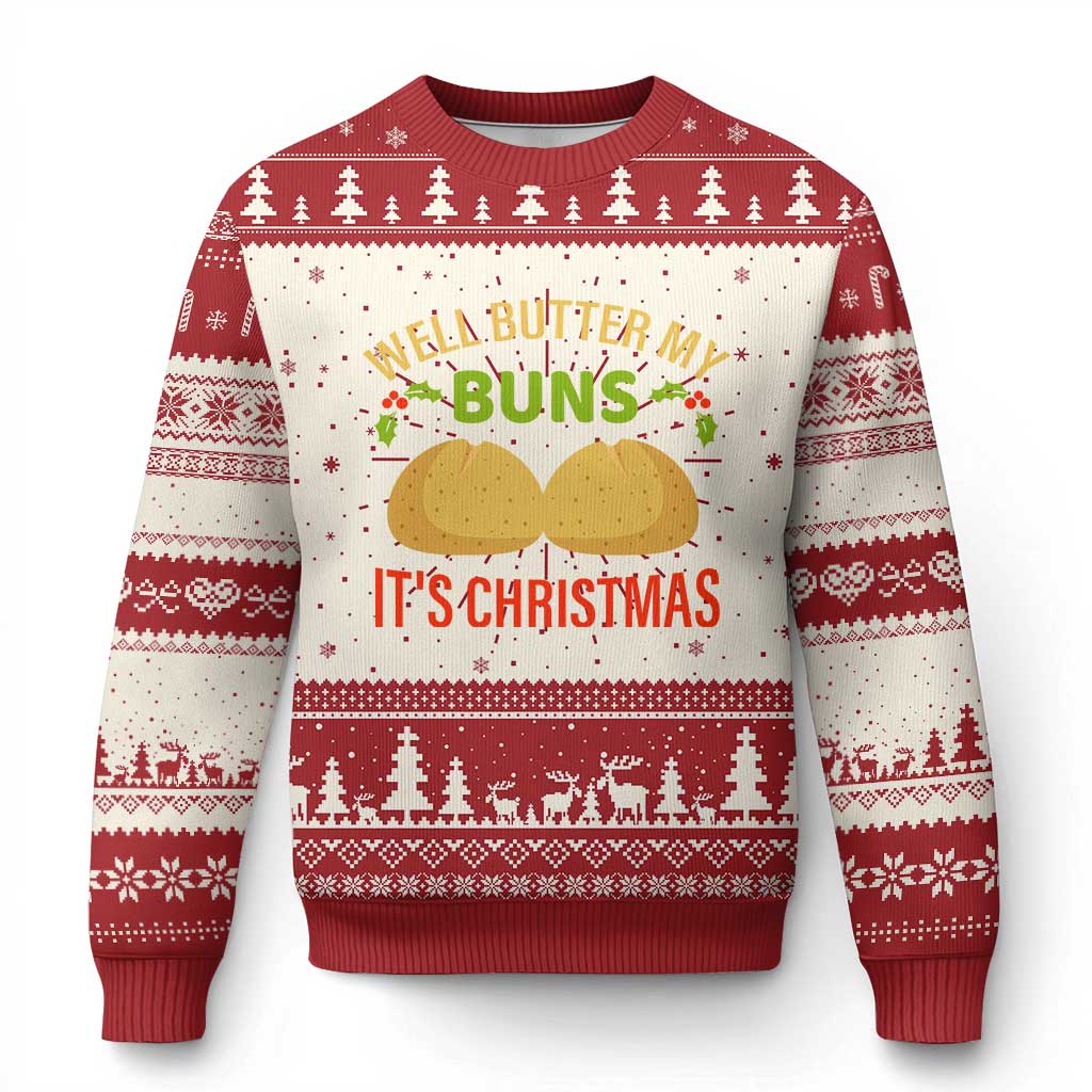 Funny Xmas Bun Bread Ugly Christmas Sweater Well Butter My Buns It's Xmas TS11 Red Print Your Wear