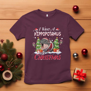 Funny Moo Deng Christmas T Shirt I Want A Hippopotamus For Christmas Santa Baby Pygmy TS11 Maroon Print Your Wear