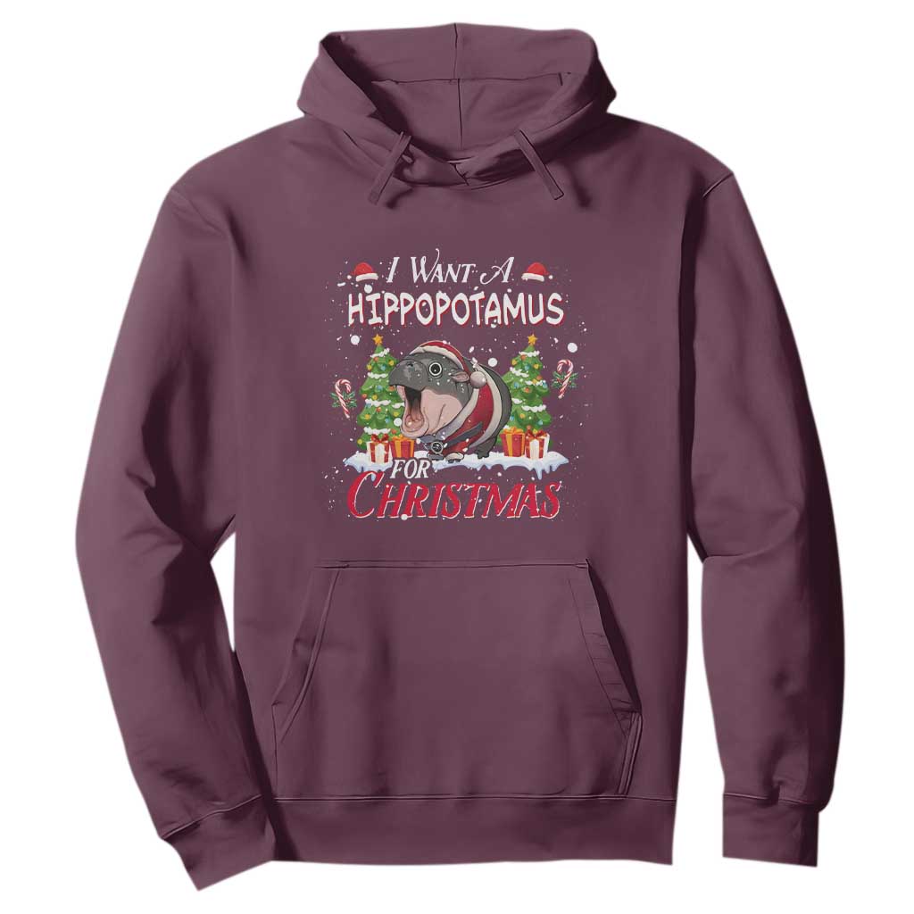 Funny Moo Deng Christmas Hoodie I Want A Hippopotamus For Christmas Santa Baby Pygmy TS11 Maroon Print Your Wear