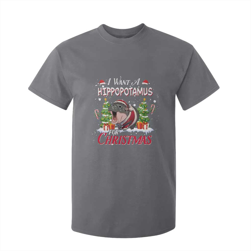 Funny Moo Deng Christmas T Shirt For Kid I Want A Hippopotamus For Christmas Santa Baby Pygmy TS11 Charcoal Print Your Wear