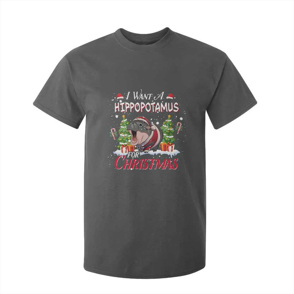 Funny Moo Deng Christmas T Shirt For Kid I Want A Hippopotamus For Christmas Santa Baby Pygmy TS11 Dark Heather Print Your Wear