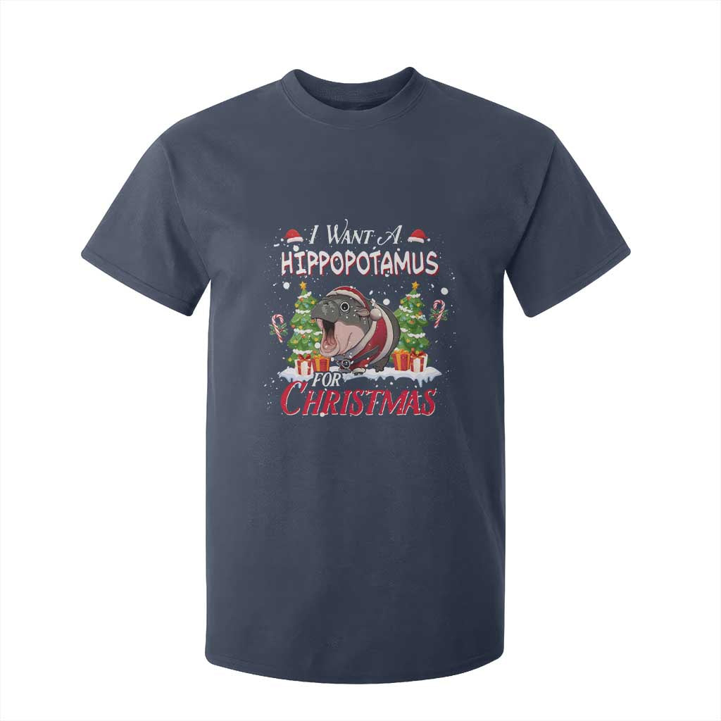 Funny Moo Deng Christmas T Shirt For Kid I Want A Hippopotamus For Christmas Santa Baby Pygmy TS11 Navy Print Your Wear