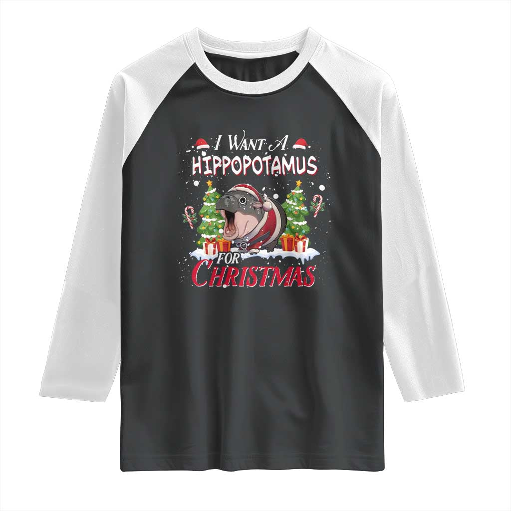 Funny Moo Deng Christmas Raglan Shirt I Want A Hippopotamus For Christmas Santa Baby Pygmy TS11 Black White Print Your Wear