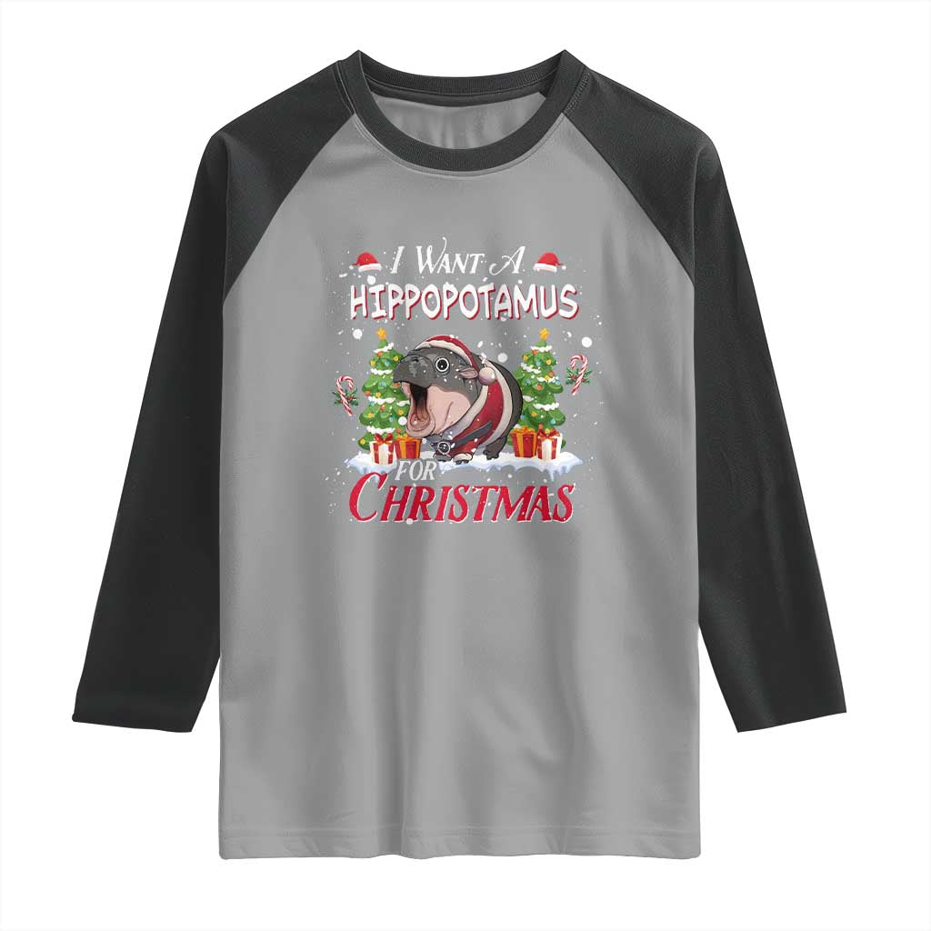 Funny Moo Deng Christmas Raglan Shirt I Want A Hippopotamus For Christmas Santa Baby Pygmy TS11 Sport Gray Black Print Your Wear