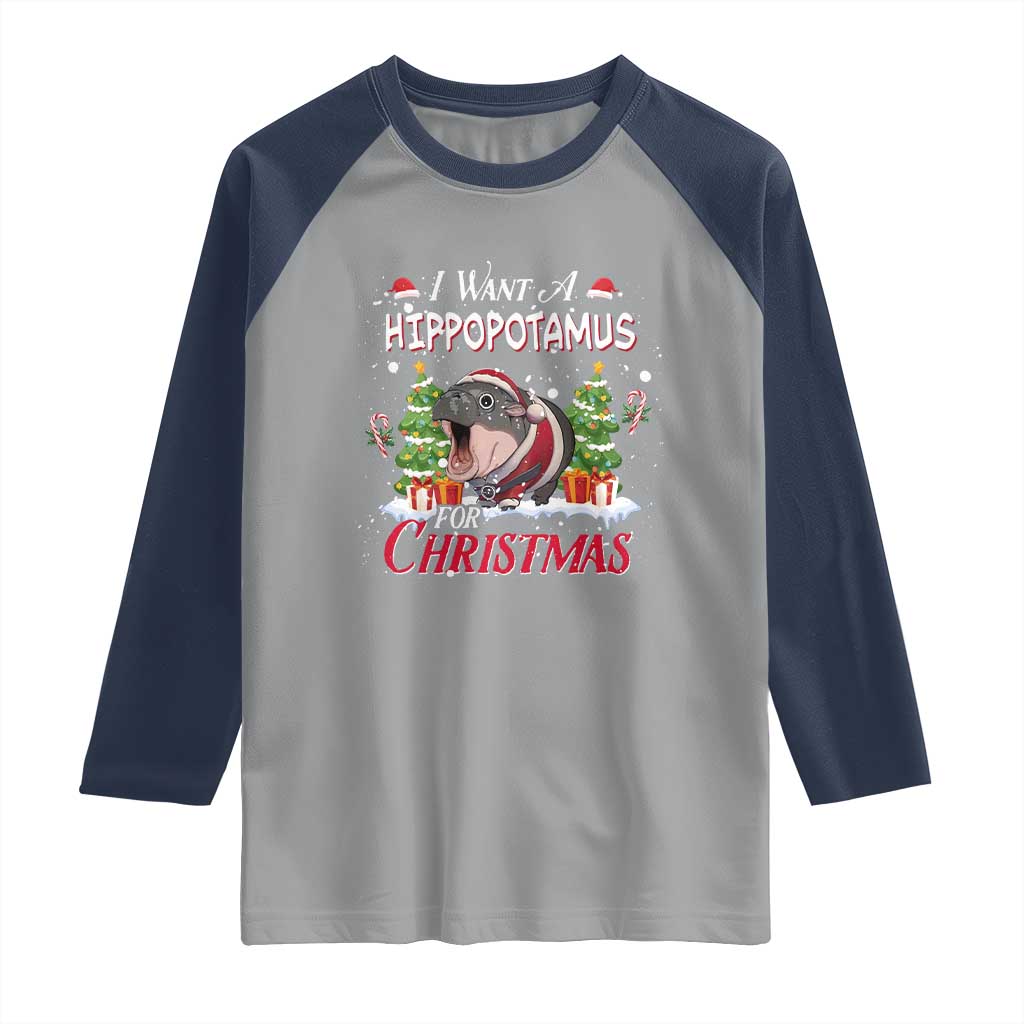 Funny Moo Deng Christmas Raglan Shirt I Want A Hippopotamus For Christmas Santa Baby Pygmy TS11 Sport Gray Navy Print Your Wear
