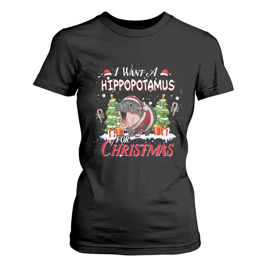Funny Moo Deng Christmas T Shirt For Women I Want A Hippopotamus For Christmas Santa Baby Pygmy TS11 Black Print Your Wear
