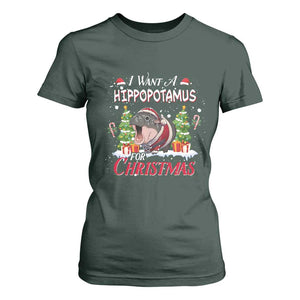 Funny Moo Deng Christmas T Shirt For Women I Want A Hippopotamus For Christmas Santa Baby Pygmy TS11 Dark Forest Green Print Your Wear