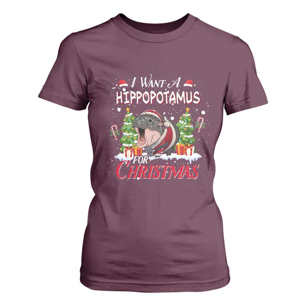 Funny Moo Deng Christmas T Shirt For Women I Want A Hippopotamus For Christmas Santa Baby Pygmy TS11 Maroon Print Your Wear