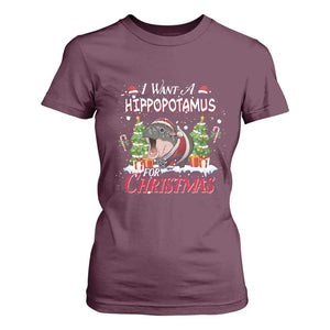 Funny Moo Deng Christmas T Shirt For Women I Want A Hippopotamus For Christmas Santa Baby Pygmy TS11 Maroon Print Your Wear