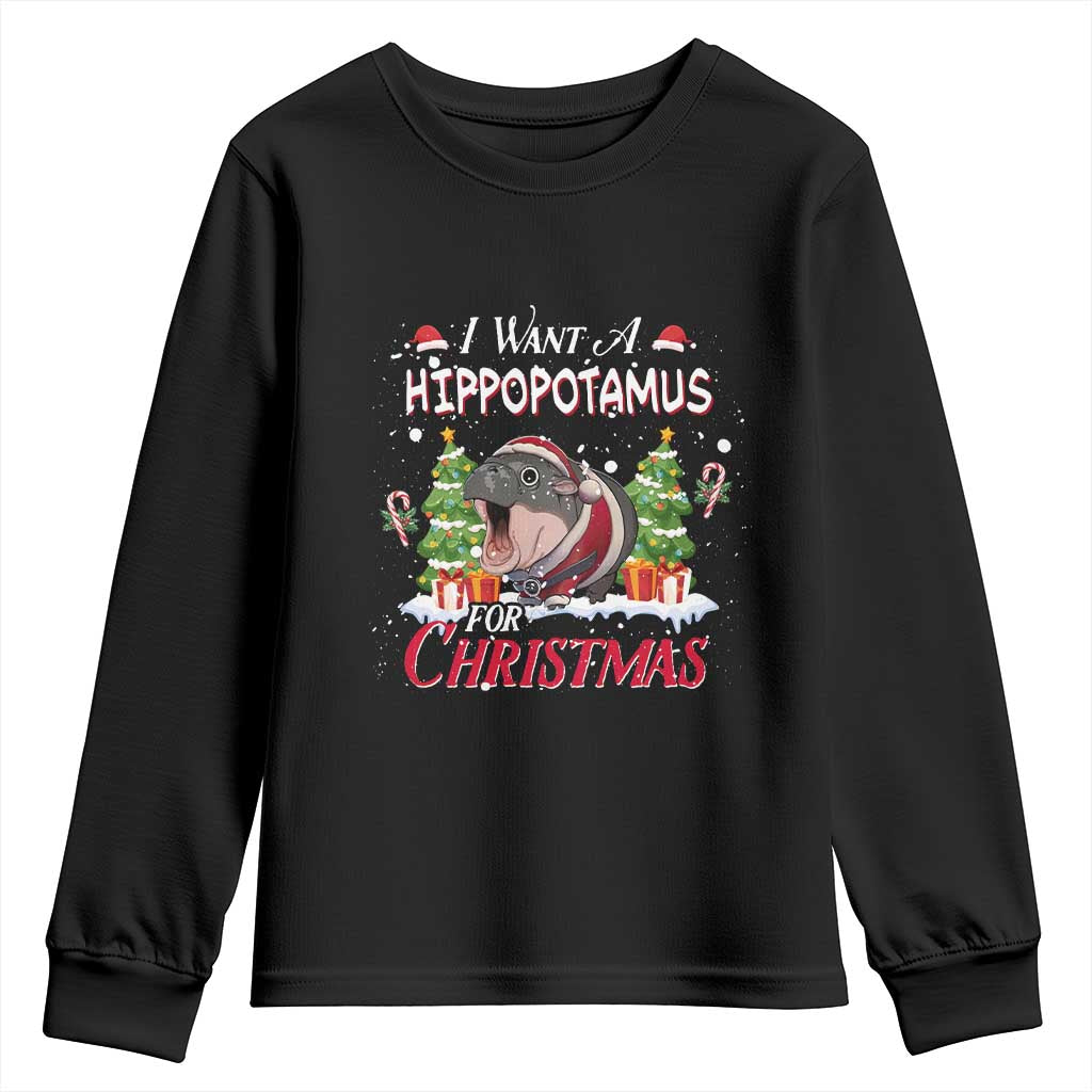 Funny Moo Deng Christmas Youth Sweatshirt I Want A Hippopotamus For Christmas Santa Baby Pygmy TS11 Black Print Your Wear