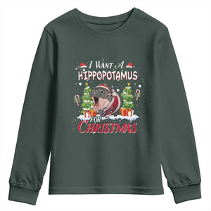 Funny Moo Deng Christmas Youth Sweatshirt I Want A Hippopotamus For Christmas Santa Baby Pygmy TS11 Dark Forest Green Print Your Wear