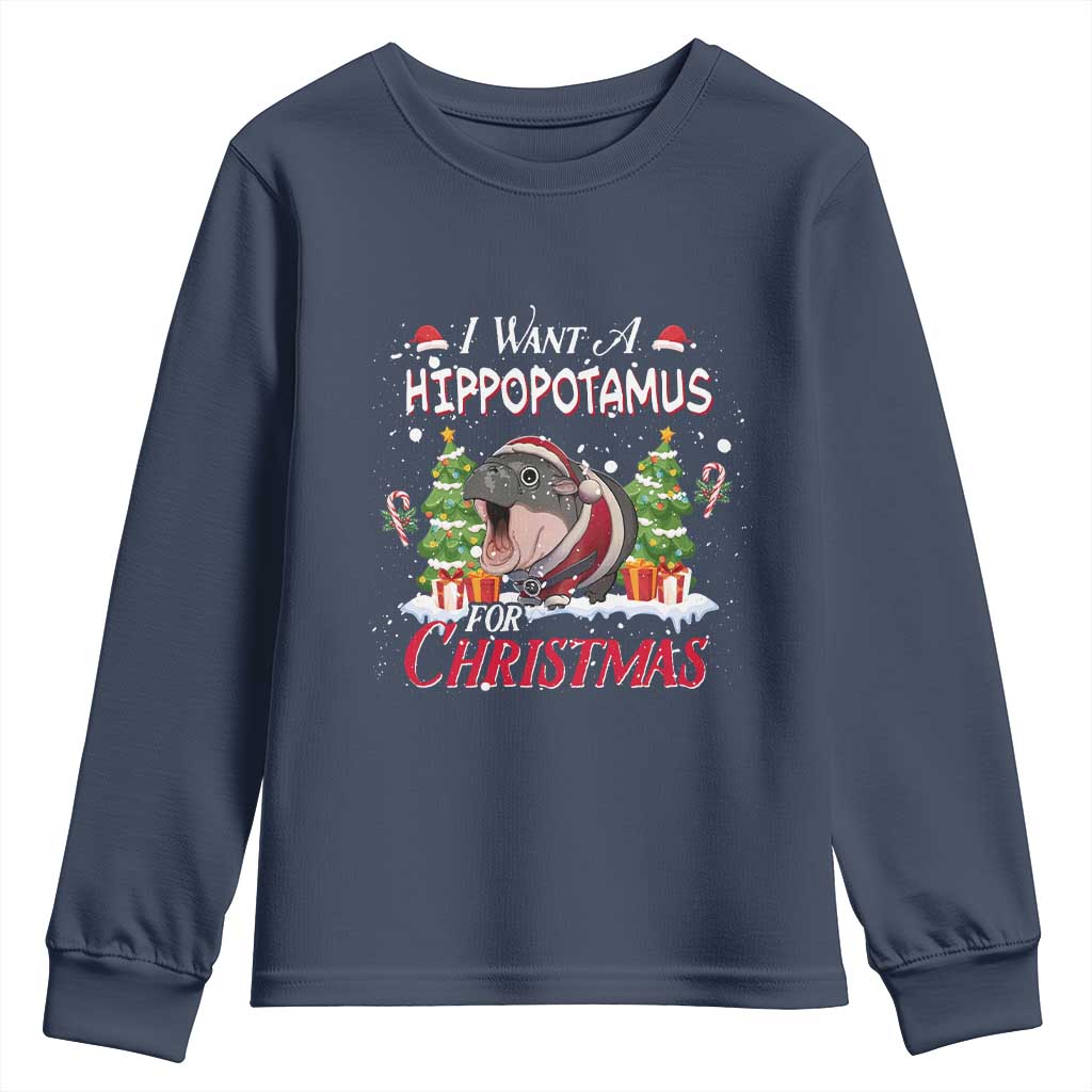 Funny Moo Deng Christmas Youth Sweatshirt I Want A Hippopotamus For Christmas Santa Baby Pygmy TS11 Navy Print Your Wear